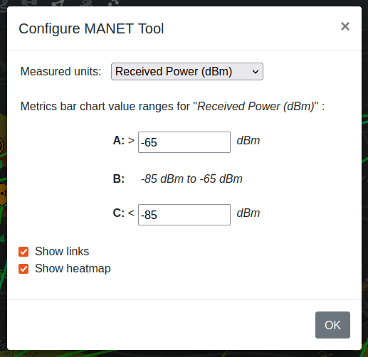 MANET settings modal window