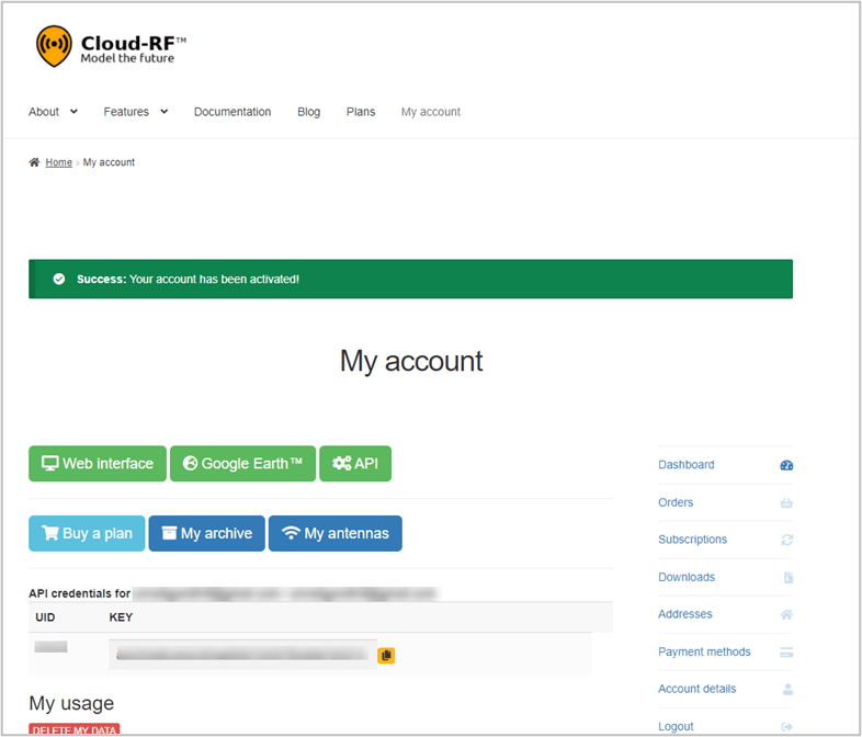 CloudRF Successful Registration